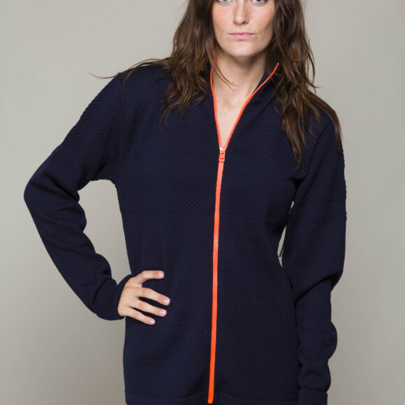 MADS NØRGAARD - HERRE-WOOL KLEMENS ZIP KONTRAST-NAVY SØMANDSSTRIK M. ORANGE