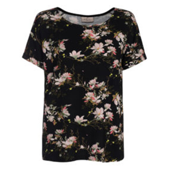 ONE TWO LUXZUZ - SORT BLOMSTRET T-SHIRT