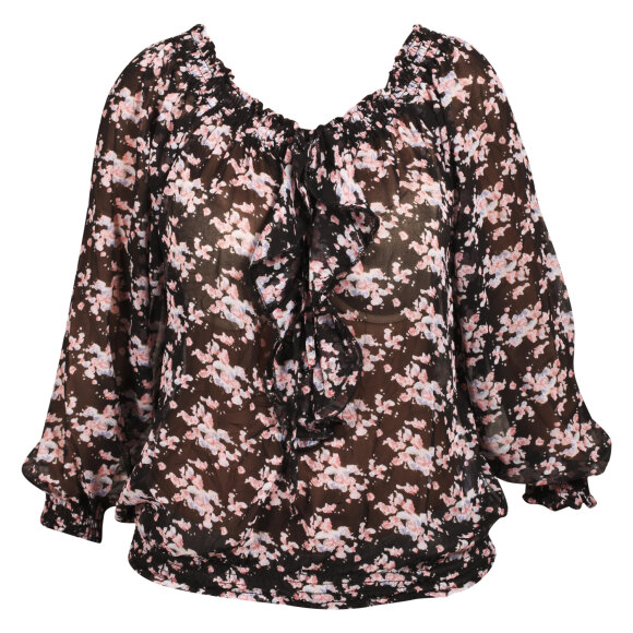 SAINT TROPEZ - SORT/CORAL BLOMSTERT BLUSE